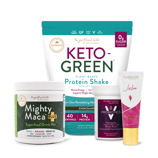 Product bundle containing Keto Green plant-based protein shake 40-serving, Mighty Maca Plus superfood drink mix 60-serving, VB Probiotics, and Julva Revitalizing Cream 60-Day