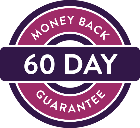 60 Day Money Back Guarantee logo with purple and pink text on a black background
